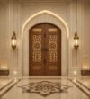 Modern Oak Wooden Mosque Door – handcrafted kundekari mosque door detail view 1