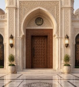 CNC-Carved Wooden Mosque Door – WCD-05 – handcrafted kundekari mosque door detail view 1