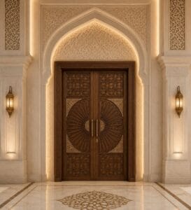 CNC-Carved Wooden Mosque Door – WCD-03 – handcrafted kundekari mosque door detail view 1