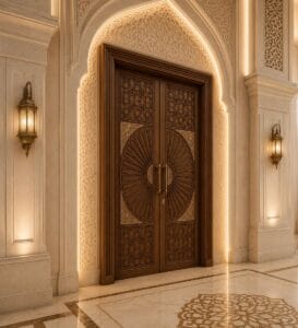 CNC-Carved Wooden Mosque Door – WCD-03 – handcrafted kundekari mosque door detail view 2