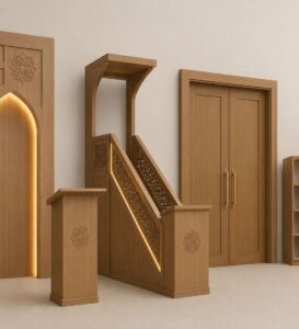 Wooden Mosque Interior Set with Mihrab, Minbar and Door – wooden mosque mihrab detail view 1