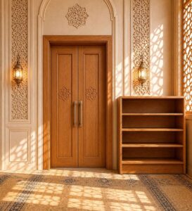 Wooden Mosque Interior Set with Mihrab, Minbar and Door – wooden mosque mihrab detail view 2