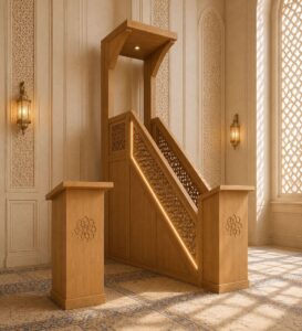 Wooden Mosque Interior Set with Mihrab, Minbar and Door – wooden mosque mihrab detail view 3