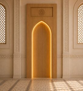 Wooden Mosque Interior Set with Mihrab, Minbar and Door – wooden mosque mihrab detail view 5