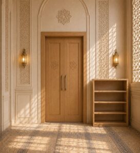 Wooden Mosque Interior Set with Mihrab, Minbar and Door – wooden mosque mihrab detail view 6