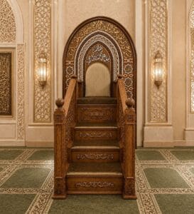 Luxury Mosque Khutbah Platform – wooden mosque mihrab detail view 1