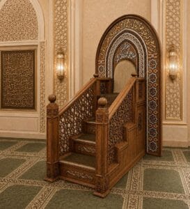 Luxury Mosque Khutbah Platform – wooden mosque mihrab detail view 2