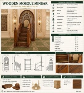 Luxury Mosque Khutbah Platform – wooden mosque mihrab detail view 3
