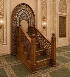 Luxury Mosque Khutbah Platform – wooden mosque mihrab detail view 4