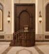 Ornamental Wooden Minbar with Steps – wooden mosque mihrab detail view 1