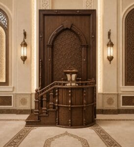 Ornamental Wooden Minbar with Steps – wooden mosque mihrab detail view 1