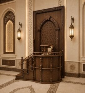 Ornamental Wooden Minbar with Steps – wooden mosque mihrab detail view 2