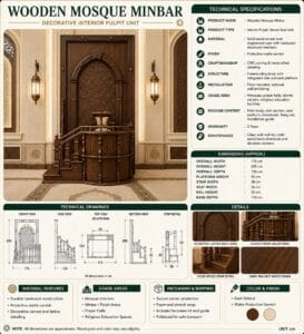 Ornamental Wooden Minbar with Steps – wooden mosque mihrab detail view 3