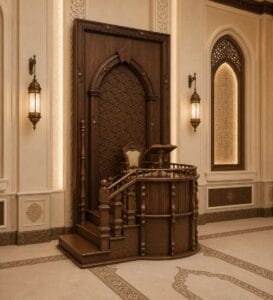 Ornamental Wooden Minbar with Steps – wooden mosque mihrab detail view 4