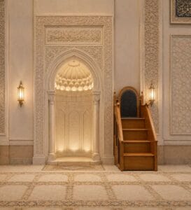 Modern Upholstered Wooden Mosque Minbar – wooden mosque mihrab detail view 1
