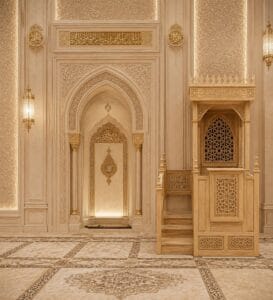Carved Wooden Mosque Pulpit | Dais – wooden mosque mihrab detail view 1