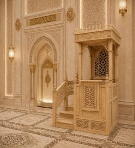Carved Wooden Mosque Pulpit | Dais – wooden mosque mihrab detail view 3