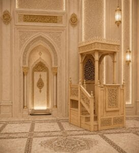 Carved Wooden Mosque Pulpit | Dais – wooden mosque mihrab detail view 4