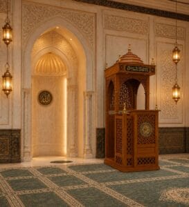 Modern Islamic Minbar for Mosque - Dais – wooden mosque mihrab detail view 3