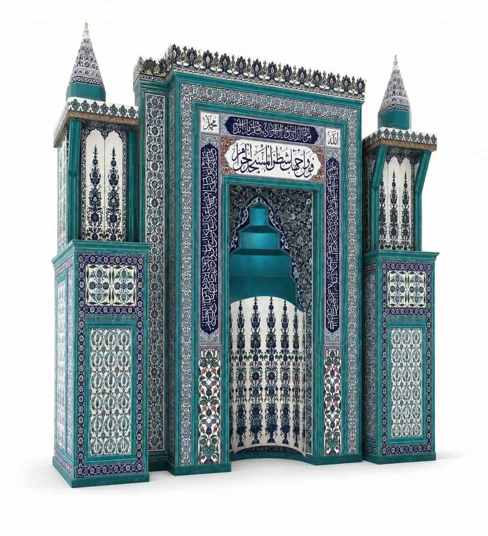 Tile Mosque Mihrab, Minbar and Dais Set – Model TST-0006 | MosqueBuild Tile Mosque Mihrab, Minbar and Dais Set – Model TST-0006 – custom wooden mosque mihrab