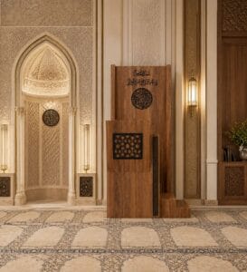 Handcrafted Islamic Wooden Pulpit-Dais – wooden mosque mihrab detail view 2