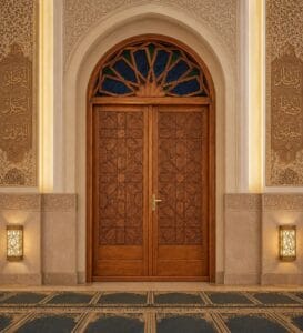 Seljuk-Style Wooden Mosque Door – handcrafted kundekari mosque door detail view 1
