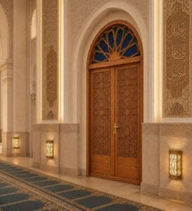 Seljuk-Style Wooden Mosque Door – handcrafted kundekari mosque door detail view 2