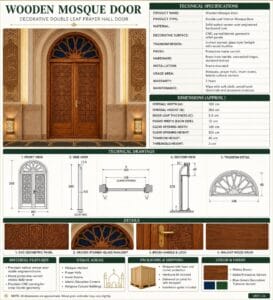 Seljuk-Style Wooden Mosque Door – handcrafted kundekari mosque door detail view 4