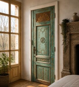 Walnut Single-Leaf Wooden Mosque Door – Model WDR-0021 – handcrafted kundekari mosque door detail view 1