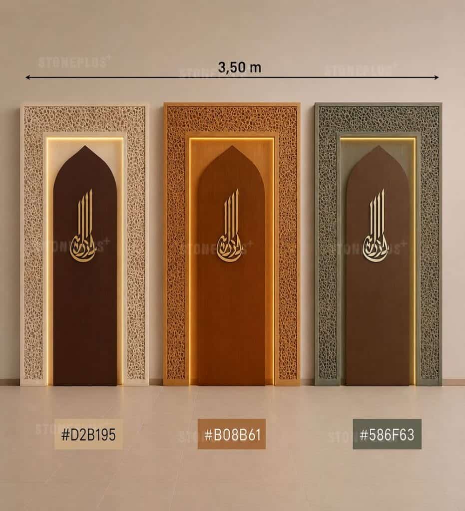 Three-Panel LED Wooden Mosque Mihrab – Model WMH-0042 – custom wooden mosque mihrab