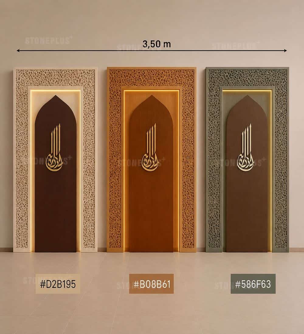 Three-Panel LED Wooden Mosque Mihrab – Model WMH-0042 – custom wooden mosque mihrab