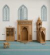 Custom Wooden Mosque Interior Set with Mihrab, Minbar and Bookcase – Model WST-0010 – custom wooden mosque mihrab