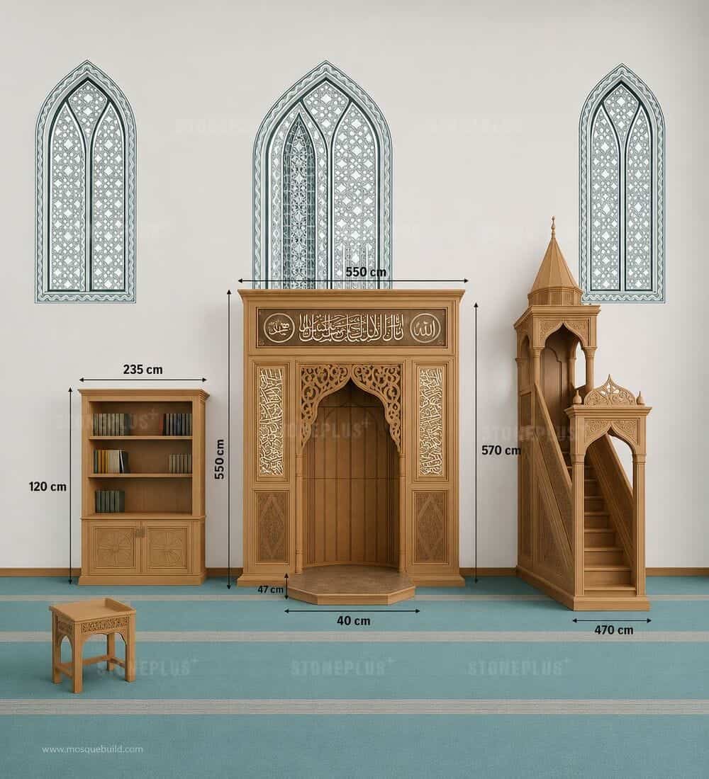 Custom Wooden Mosque Interior Set with Mihrab, Minbar and Bookcase – Model WST-0010 | MosqueBuild Custom Wooden Mosque Interior Set with Mihrab, Minbar and Bookcase – Model WST-0010 – custom wooden mosque mihrab