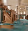 Custom Wooden Mosque Interior Set with Mihrab, Minbar and Bookcase – Model WST-0010 – wooden mosque mihrab detail view 1