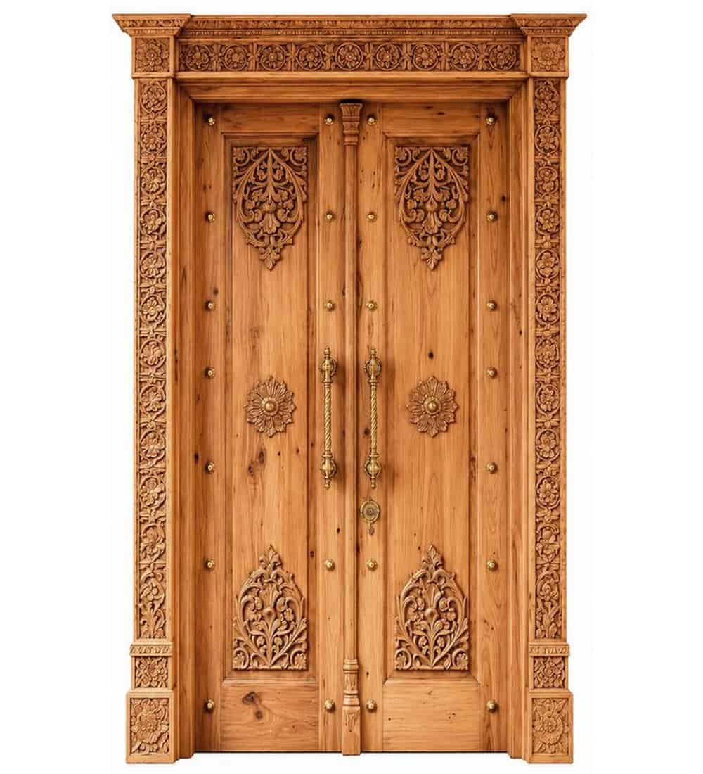 Double-Leaf Wooden Mosque Door – Model WDR-0026 | MosqueBuild Double-Leaf Wooden Mosque Door – Model WDR-0026 – custom handcrafted kundekari mosque door