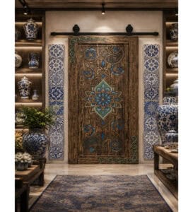 Walnut Wooden Mosque Door – Model WDR-0061 – handcrafted kundekari mosque door detail view 4