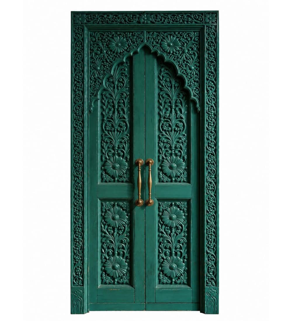 Carved Walnut Double-Leaf Wooden Mosque Door – Model WDR-0038 | MosqueBuild Carved Walnut Double-Leaf Wooden Mosque Door – Model WDR-0038 – custom handcrafted kundekari mosque door