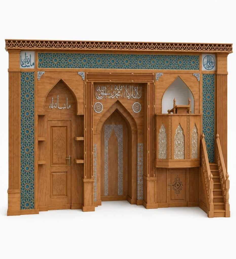 Tile Mosque Mihrab, Minbar and Dais Set – Model TST-0005 – custom wooden mosque mihrab
