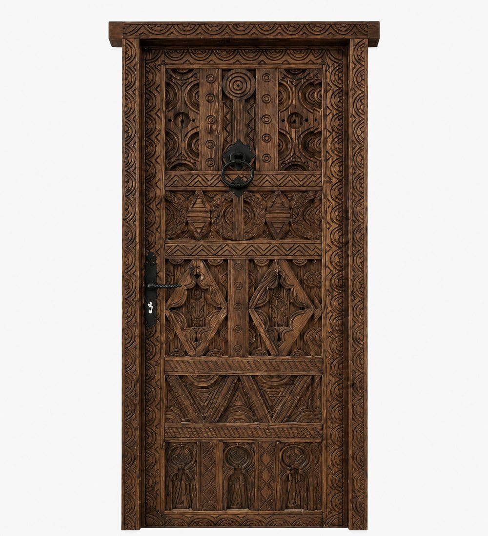 Carved Walnut Single-Leaf Wooden Mosque Door | MosqueBuild Carved Walnut Single-Leaf Wooden Mosque Door – custom handcrafted kundekari mosque door