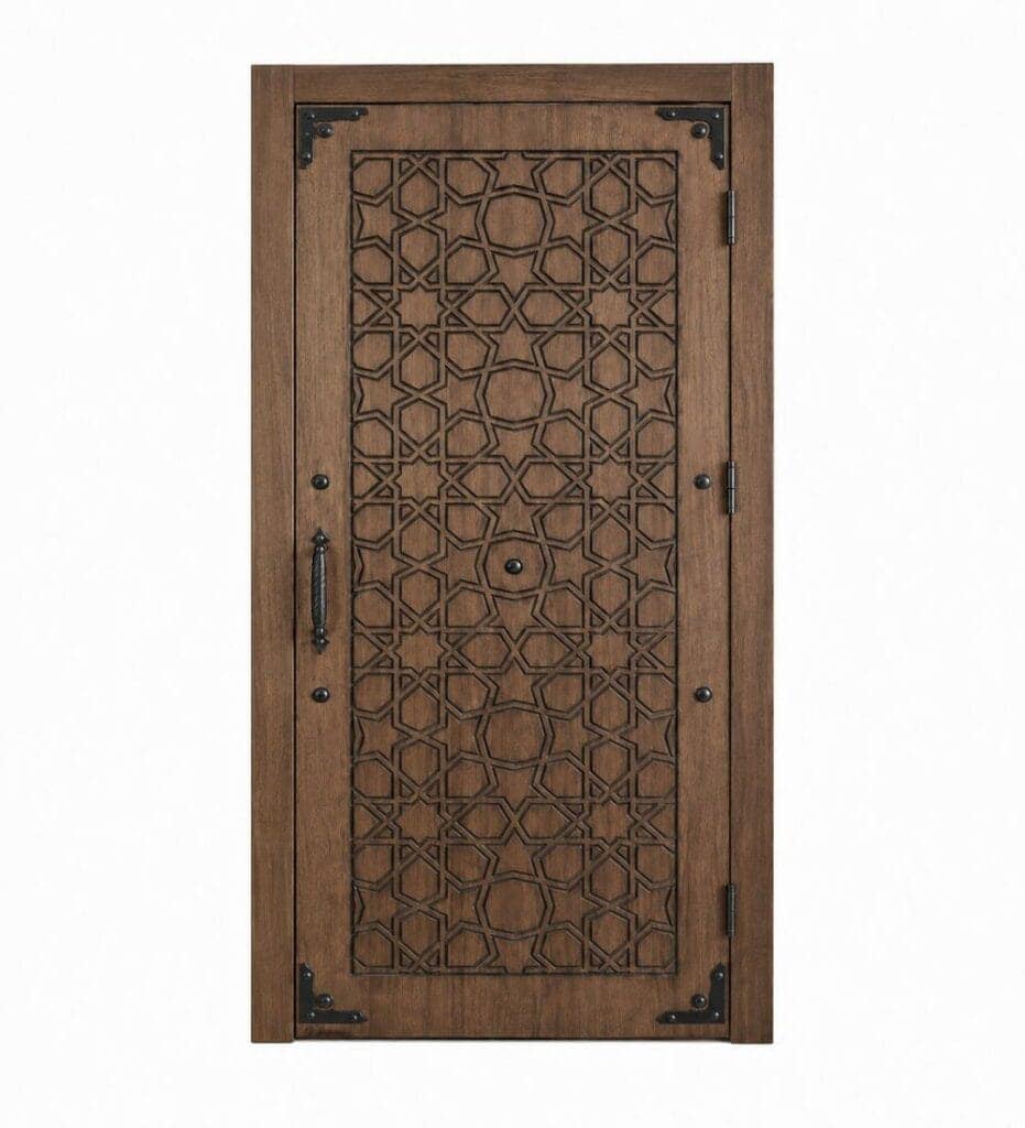 Walnut Single-Leaf Wooden Mosque Door – Model WDR-0075 – custom handcrafted kundekari mosque door