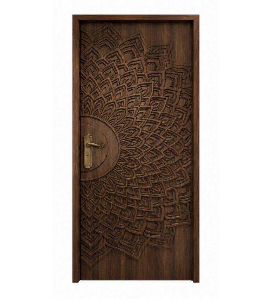 Walnut Single-Leaf Mandala-Motif Wooden Mosque Door – Model WDR-0065 – custom handcrafted kundekari mosque door
