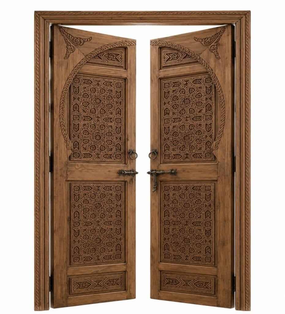 Walnut Double-Leaf Wooden Mosque Door – Model WDR-0077 – custom handcrafted kundekari mosque door