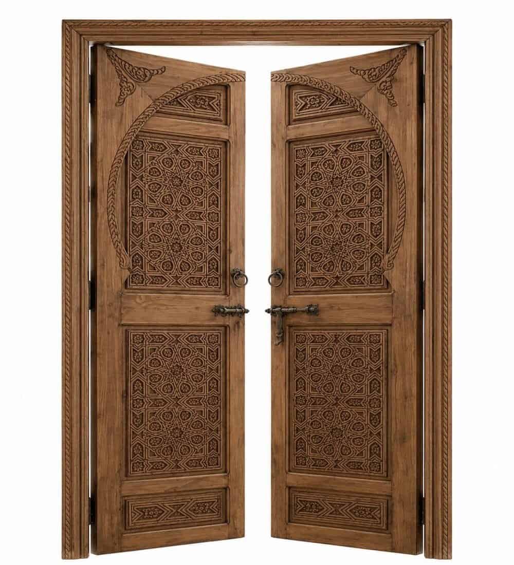 Walnut Double-Leaf Wooden Mosque Door – Model WDR-0077 – custom handcrafted kundekari mosque door