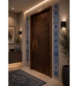 Walnut Single-Leaf Mandala-Motif Wooden Mosque Door – Model WDR-0065 – handcrafted kundekari mosque door detail view 3