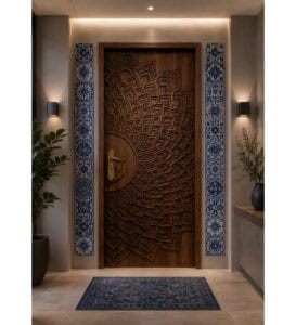 Walnut Single-Leaf Mandala-Motif Wooden Mosque Door – Model WDR-0065 – handcrafted kundekari mosque door detail view 4