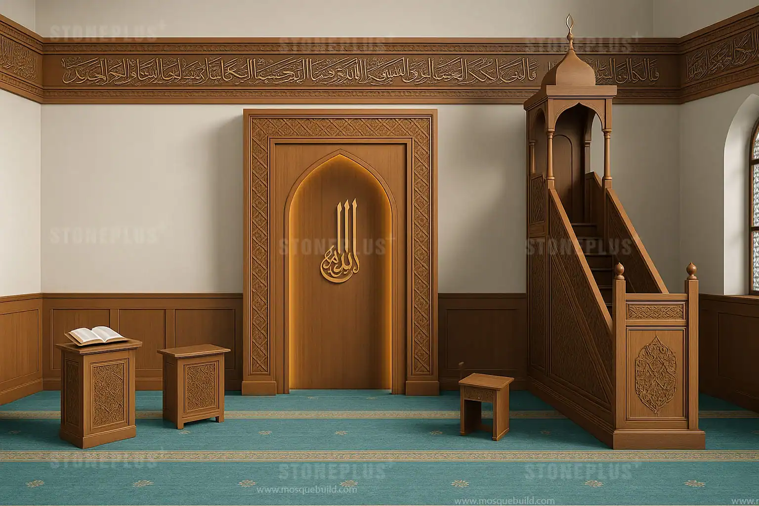 Wooden Mosque Mihrab, Minbar and Dais Set – custom wooden mosque mihrab