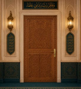 Walnut Single-Leaf Wooden Mosque Door – Model WDR-0072 – handcrafted kundekari mosque door detail view 4