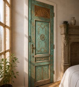 Walnut Single-Leaf Wooden Mosque Door – Model WDR-0021 – handcrafted kundekari mosque door detail view 2
