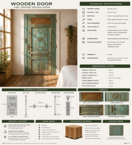 Walnut Single-Leaf Wooden Mosque Door – Model WDR-0021 – handcrafted kundekari mosque door detail view 4