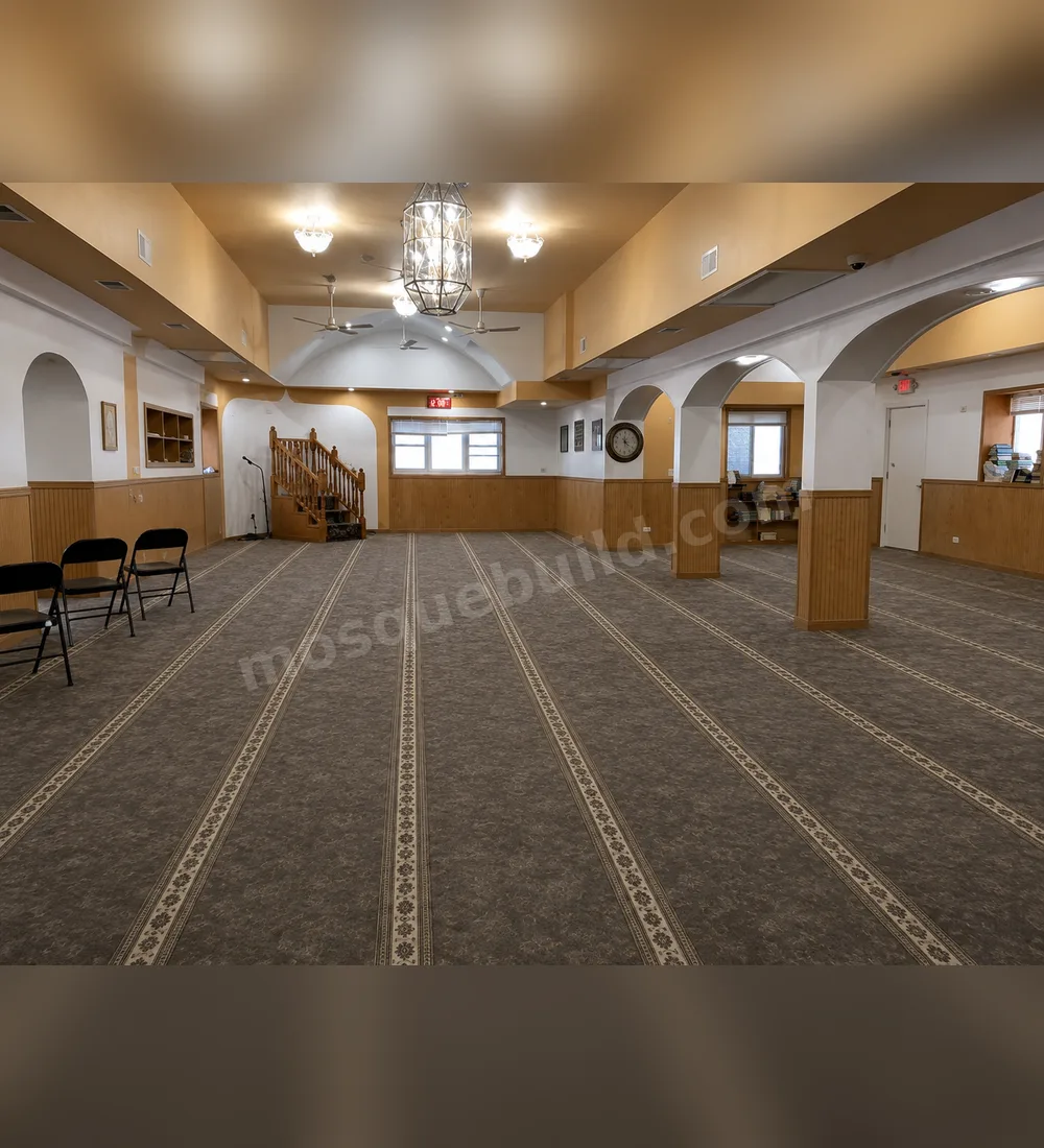 Grey linear prayer row mosque carpet in a prayer hall